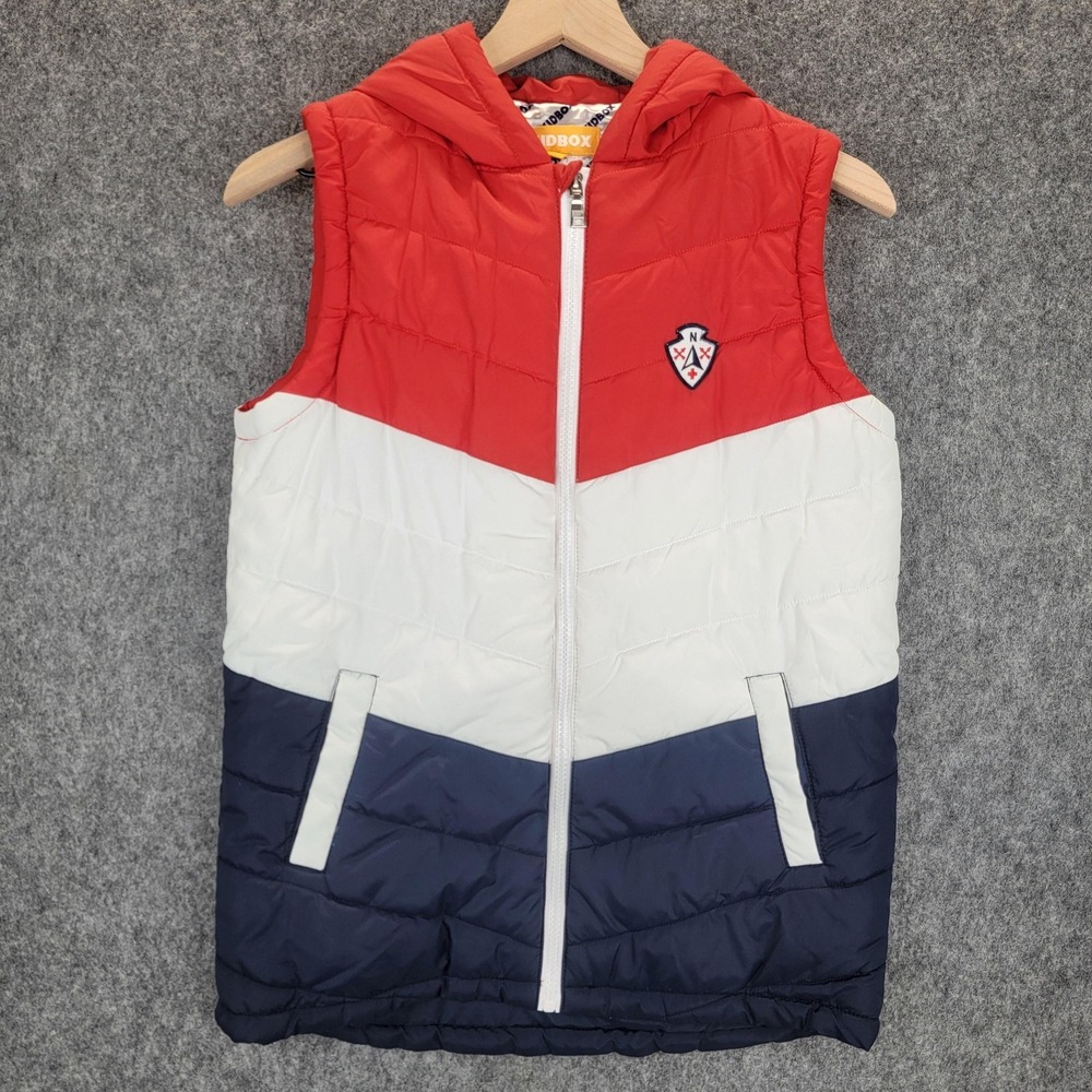 Kidbox Vest Boys XL‎ Red White Blue Hooded Puffer Sleeveless Jacket Outdoor Zip